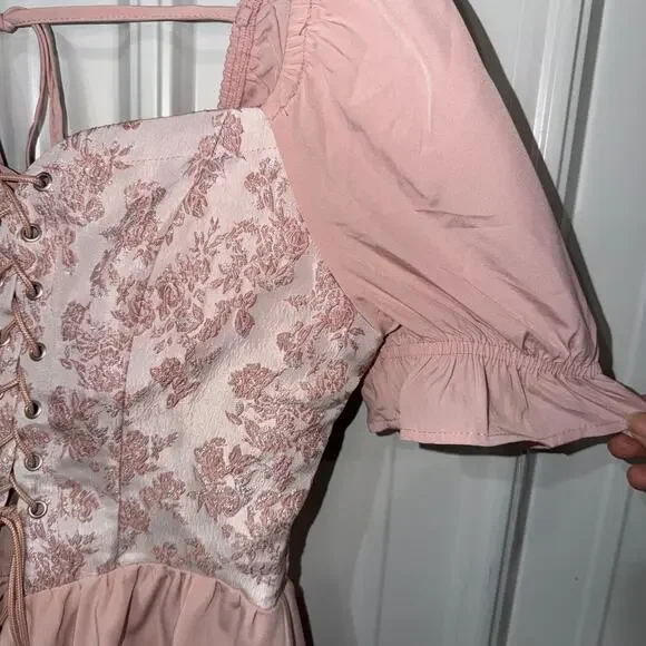 Fairycore Coquette Corset Lace Up Pink Mini Dress Puff Sleeve Cottagecore  Large - Picture 4 of 13